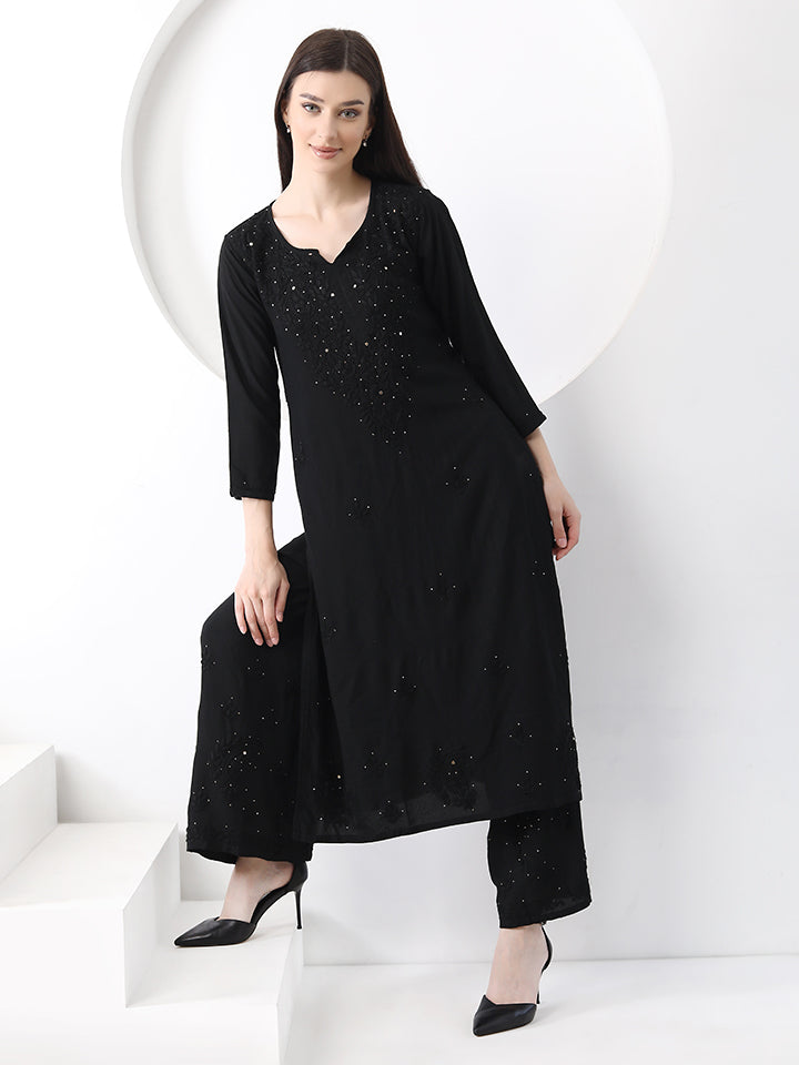 Ulfat Rayon Mukaish Chikankari Kurti & Pallazo Set-Black