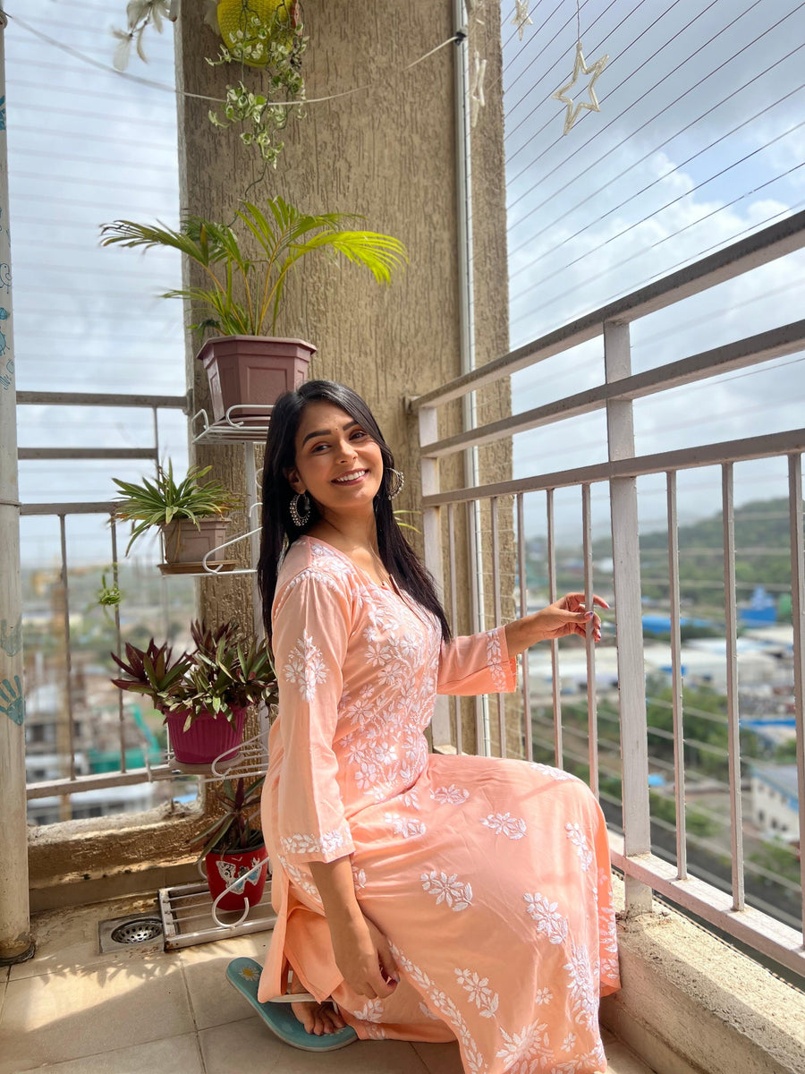 Sonal Chikankari Modal Co-ord Set Peach M
