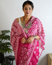 Nazm Half Jaal Chikankari Saree Pink 6.5 meter long with blouse