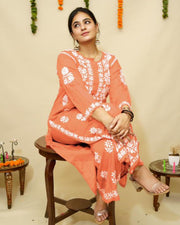 Lali Modal Chikankari Kurti Set Coral