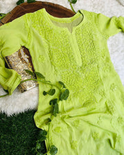 Nargis Viscose Premium 3D Chikankari Kurti Parrot Green