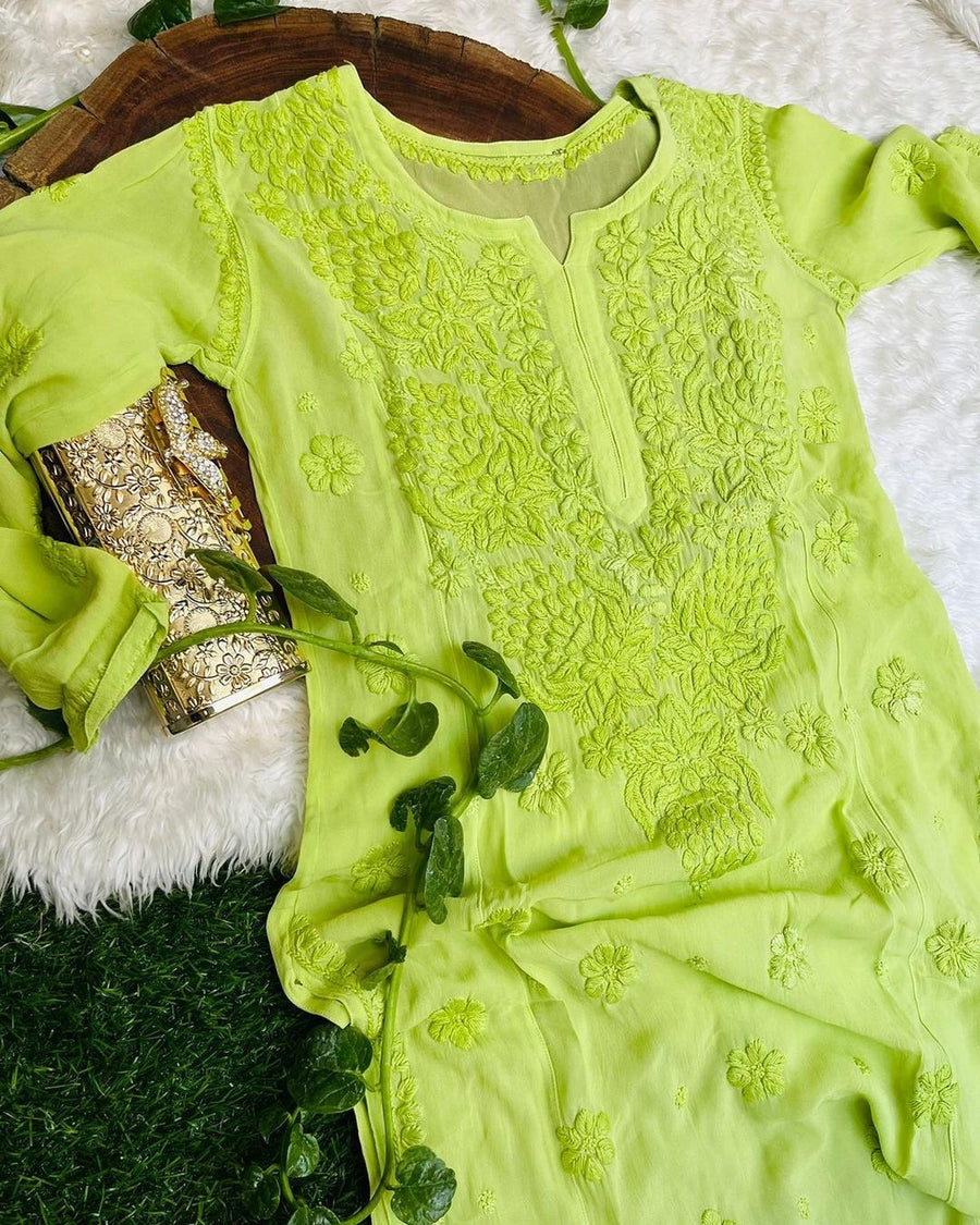 Nargis Viscose Premium 3D Chikankari Kurti Parrot Green