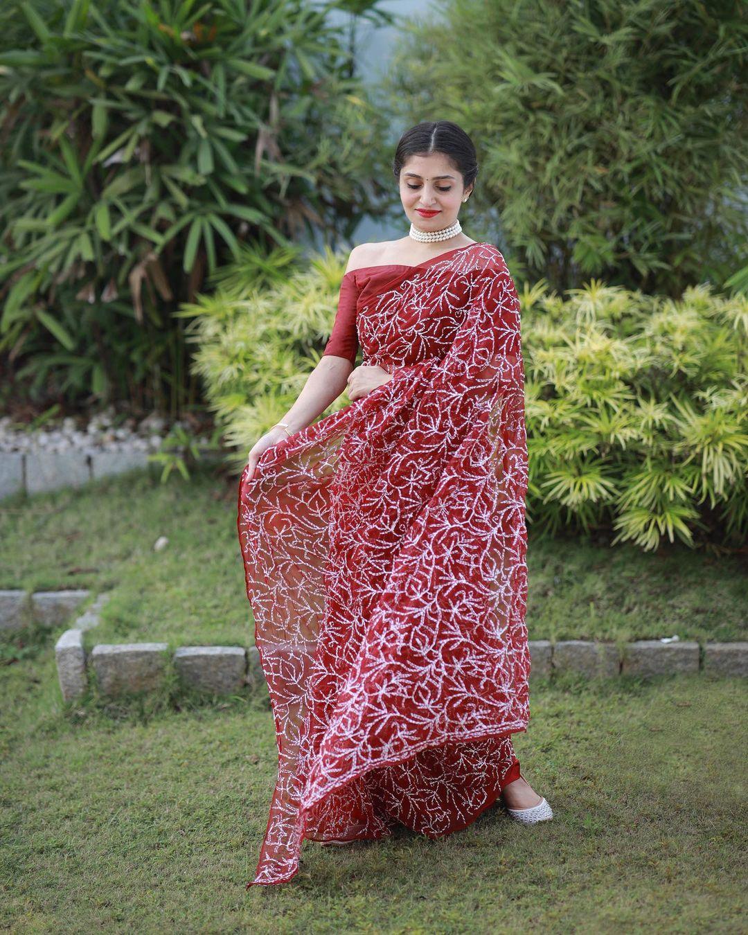 Tepchi Chikankari Sarees Maroon