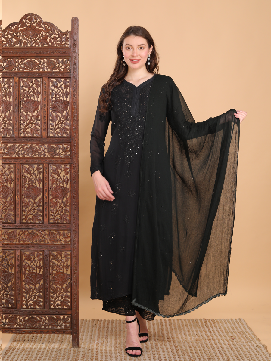 Surmai Premium Chikankari Viscose Mukaish Kurti Set Black