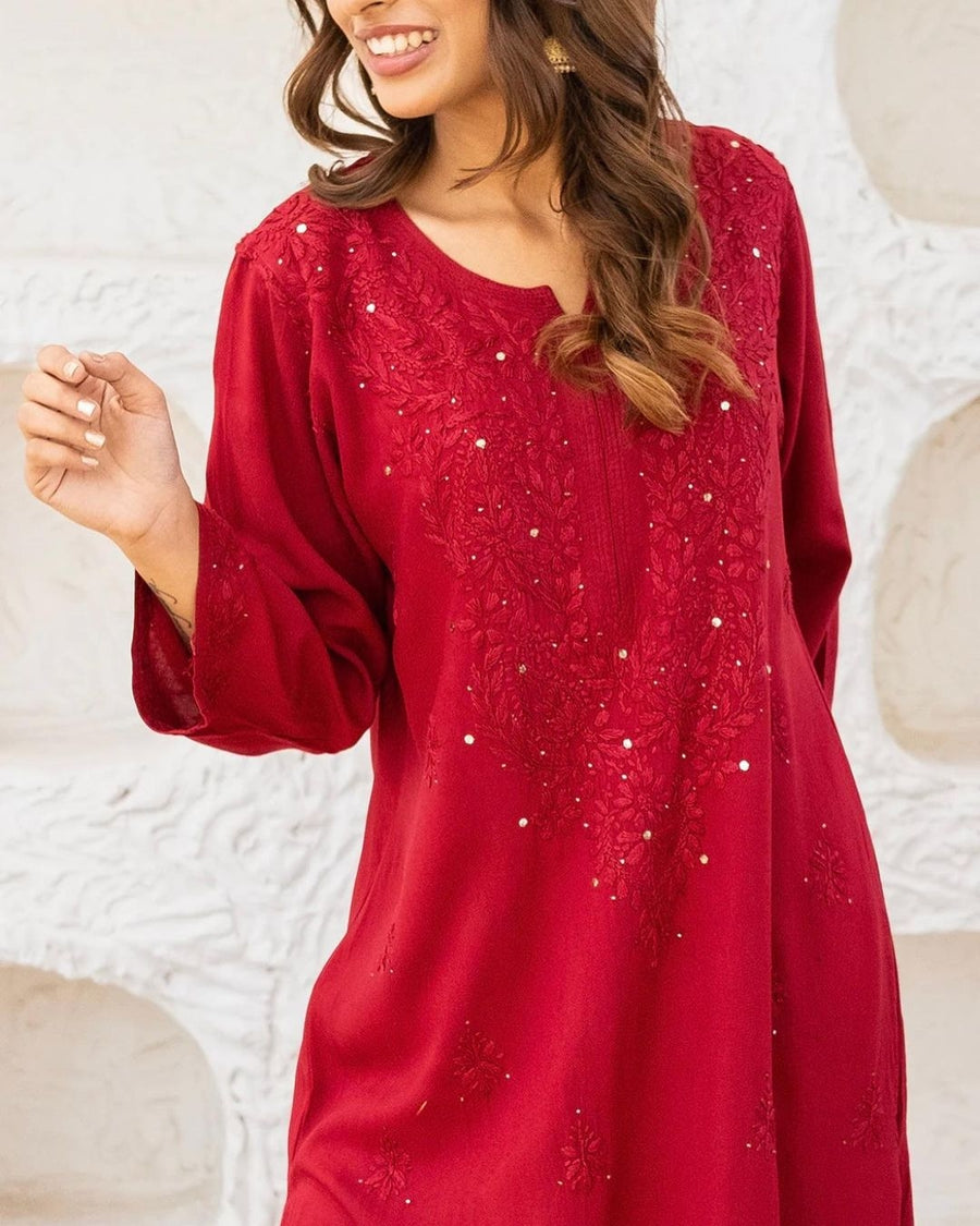 Ulfat Rayon Mukaish Chikankari Kurti & Pallazo Set Maroon