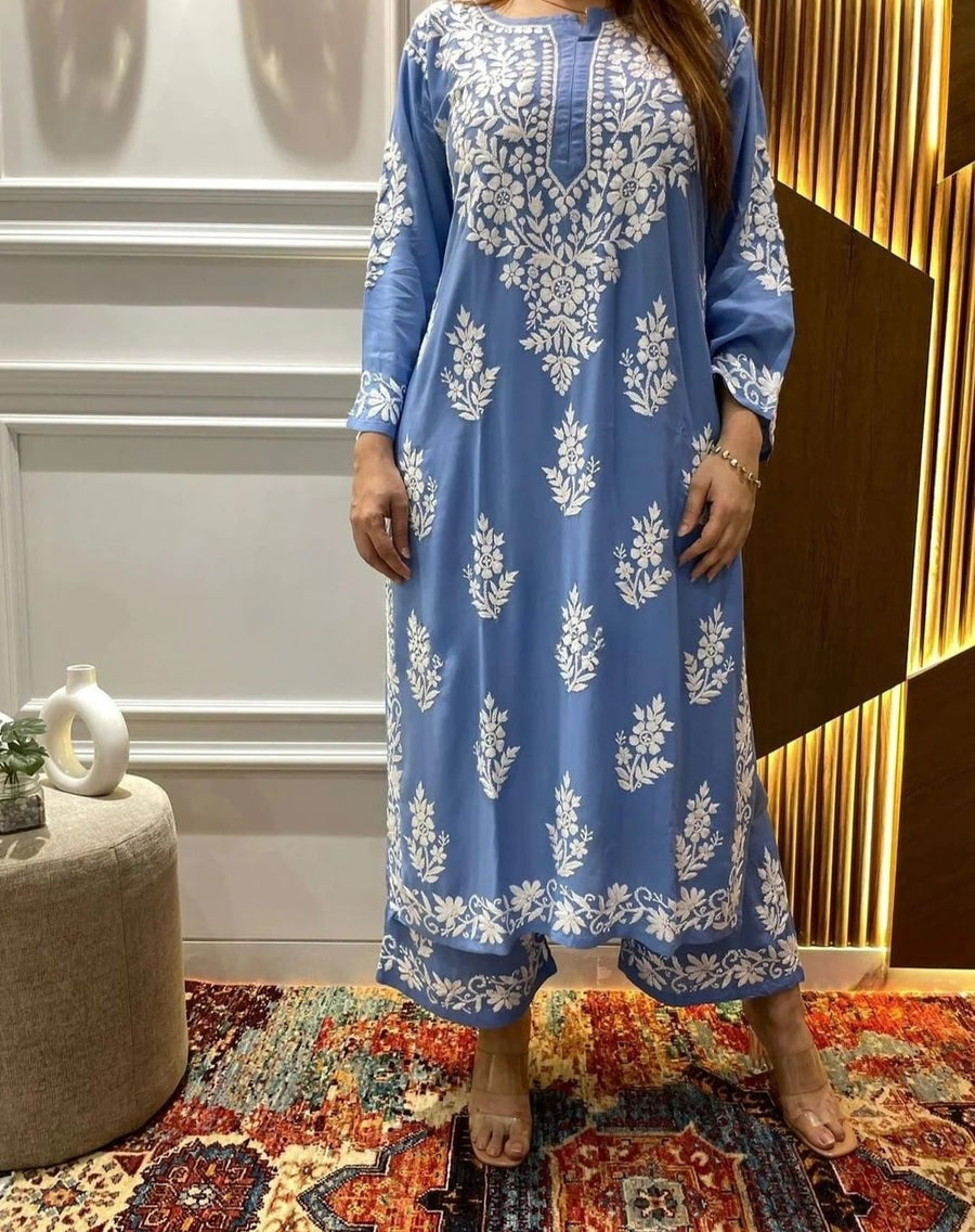 Tarana Premium Chikankari Kurti Pallazo Set Jordy Blue