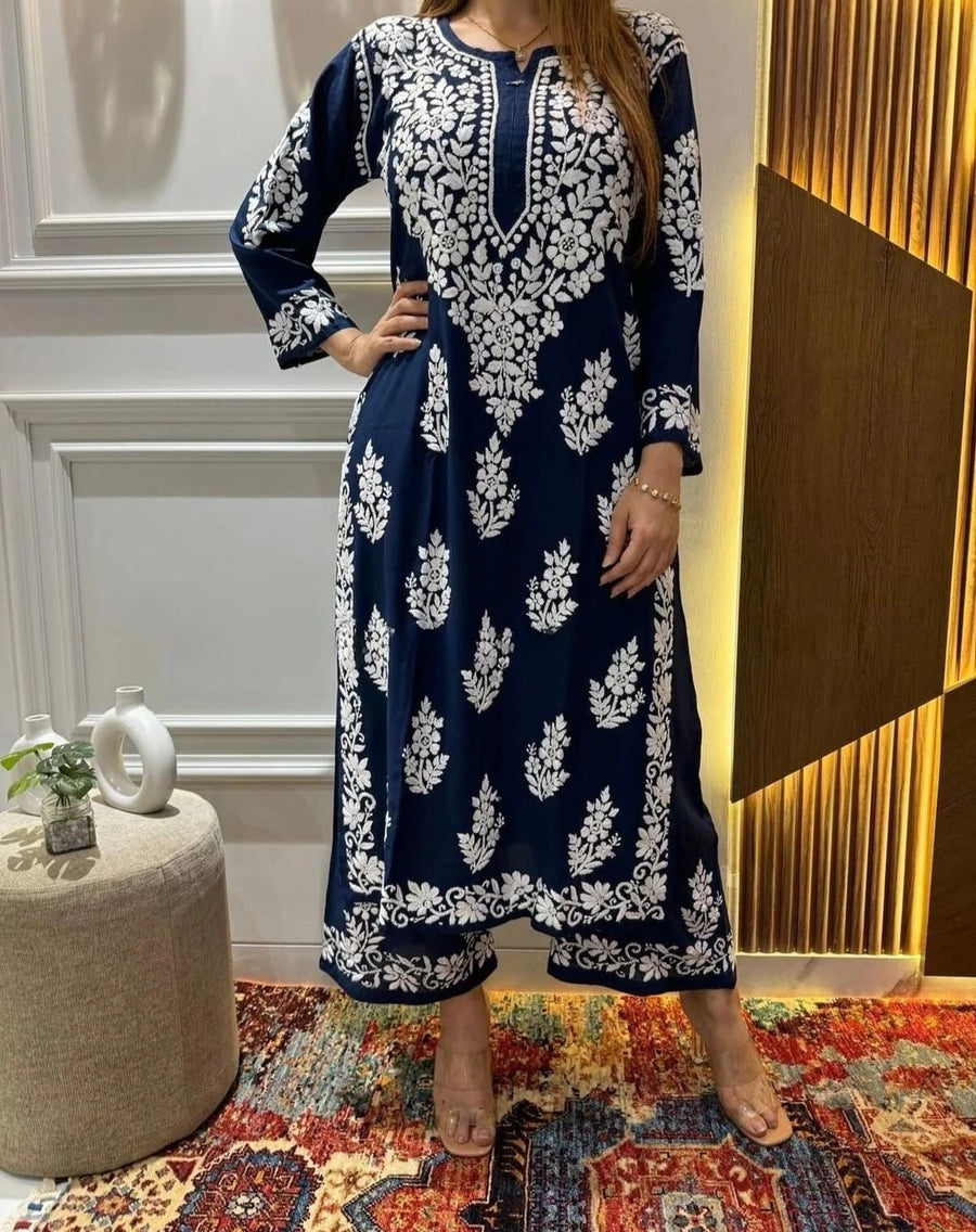 Tarana Premium Chikankari Kurti Pallazo Set Navy Blue