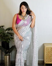 Nazm Half Jaal Chikankari Saree Grey 6.5 meter long with blouse