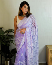 Nazm Half Jaal Chikankari Saree Lavender 6.5 meter long with blouse