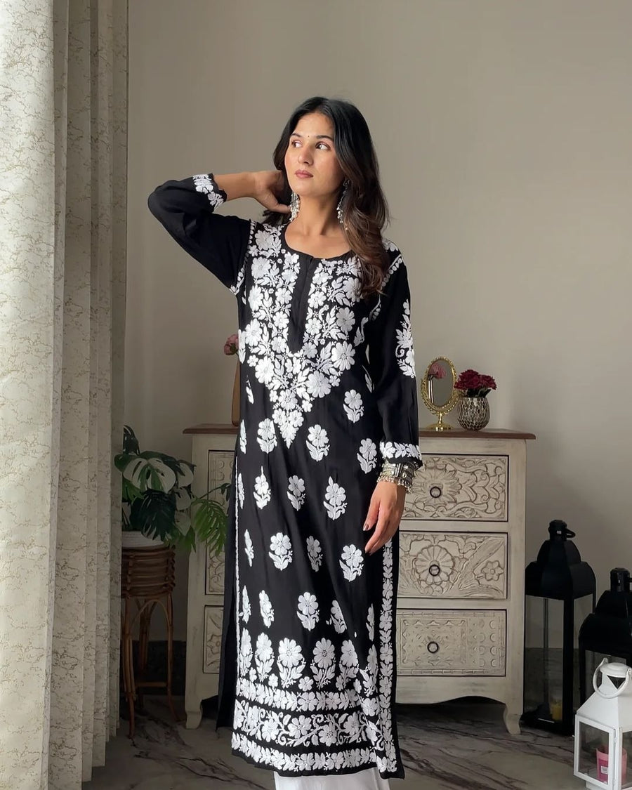 Bela Premium Modal Chikankari Long Kurti Black
