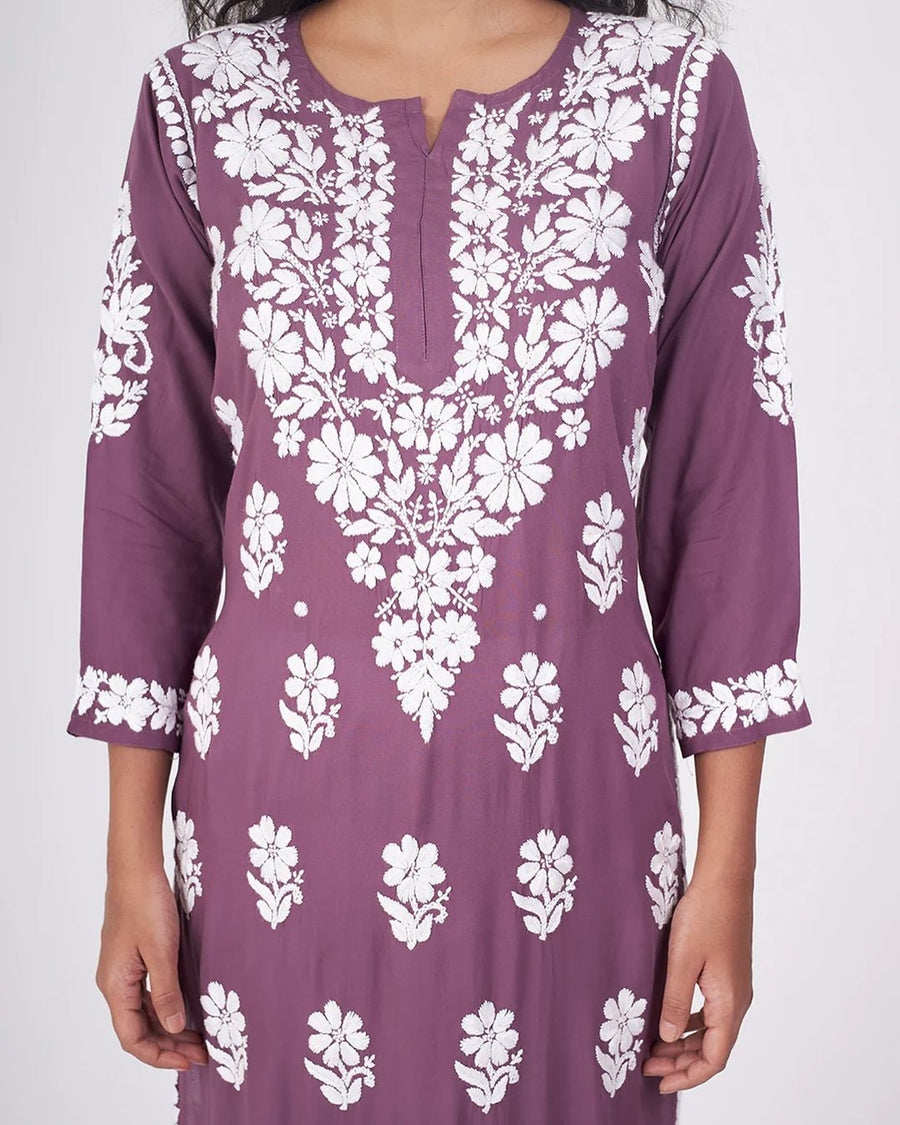 Bela Premium Modal Chikankari Long Kurti Plum