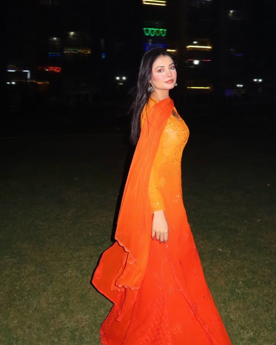 Surmai Premium Chikankari Viscose Mukaish Kurti Set Orange