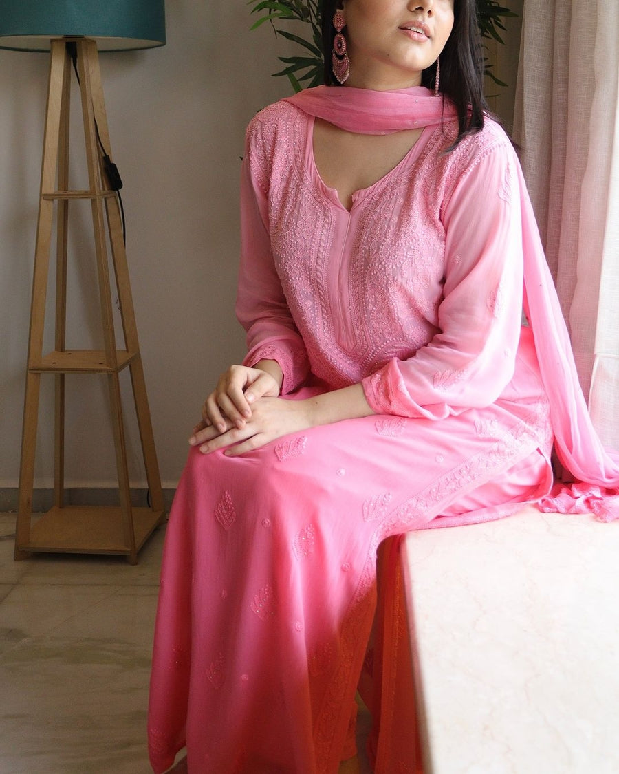 Surmai Premium Chikankari Viscose Mukaish Kurti Set Pink XS