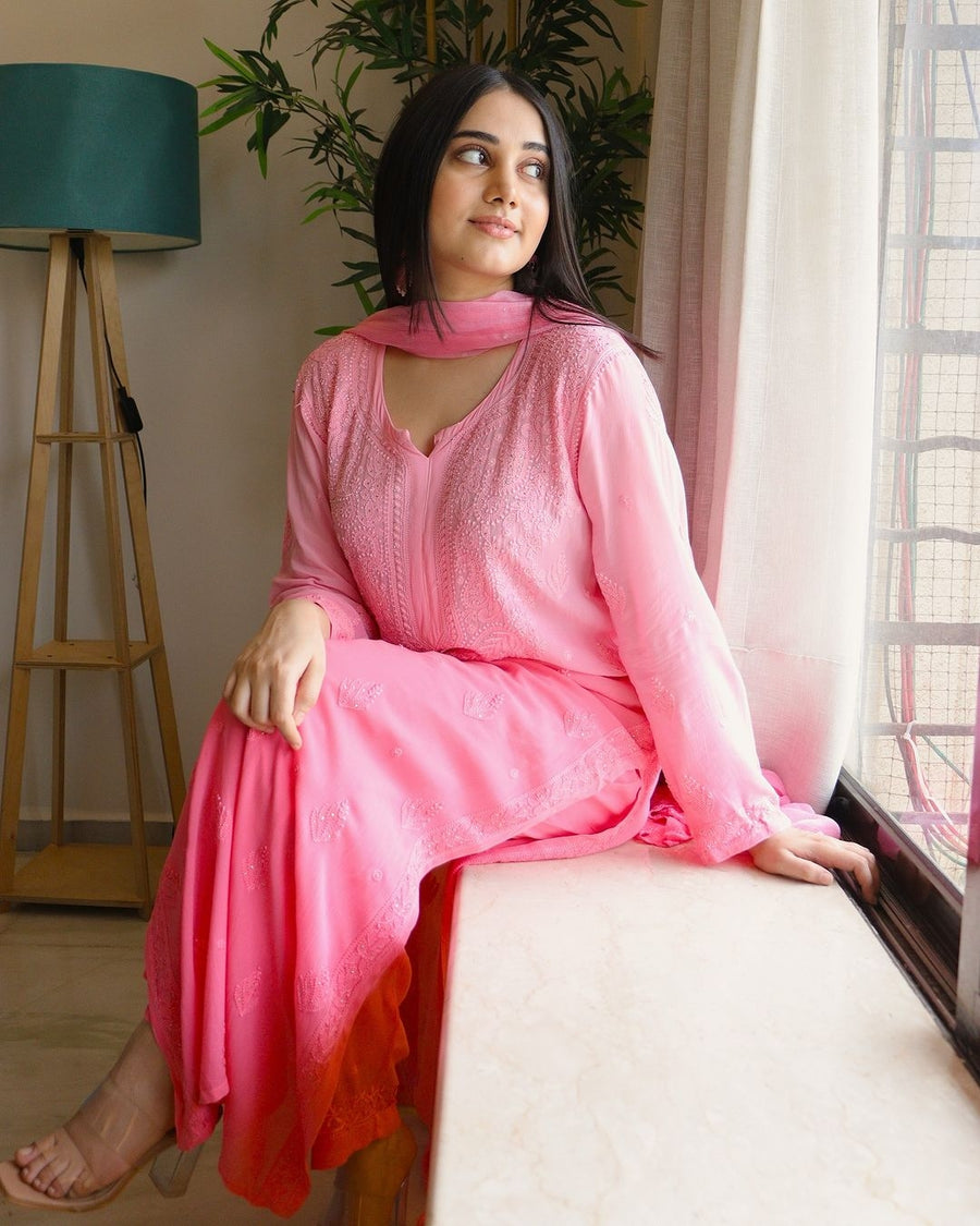 Surmai Premium Chikankari Viscose Mukaish Kurti Set Pink