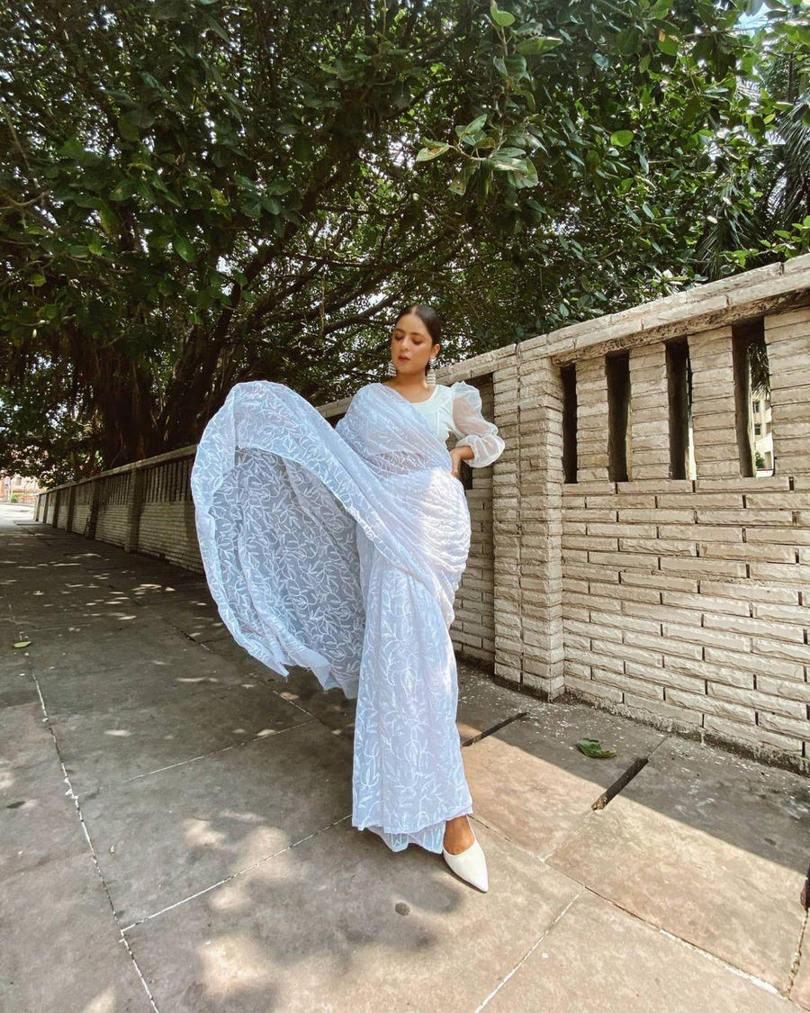 Tepchi Chikankari Sarees White