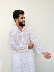 Nawab Mens Straight Machine Chikankari Kurta & Pyjama Set White
