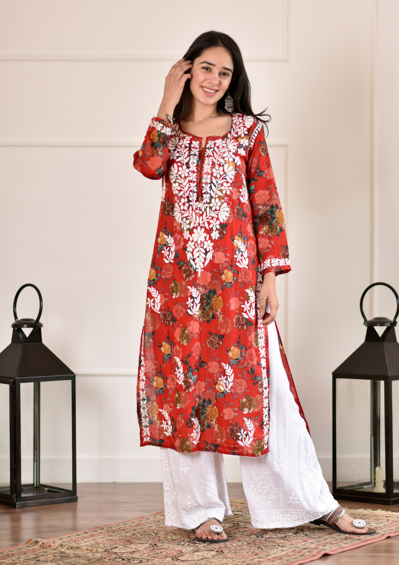ADA Hand Embroidered Red Georgette Lucknowi Chikankari Indian Women  Straight Kurti With Slip - A911354 - Ada - 4148563