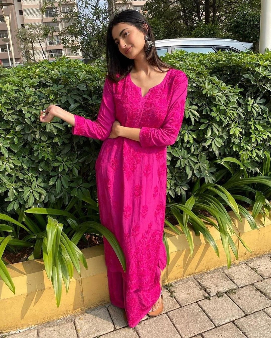 Palak Modal Dyed Premium Chikankari Kurti Set Deep Pink Modal Cotton