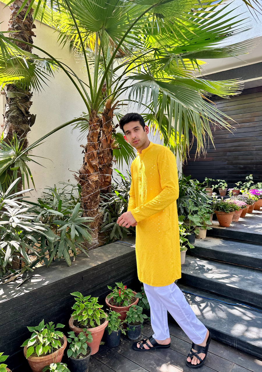 Yellow Kurta & Pyjama For Mens