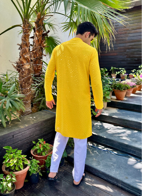 Nawab Mens Hakuba Sequence Chikankari Kurta & Pyjama Set