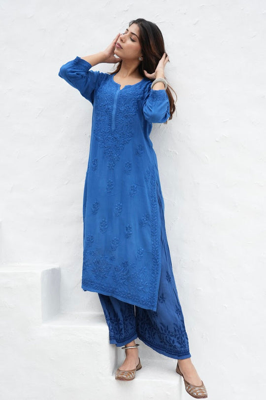 Palak Modal Dyed Chikankari Set Blue Modal Cotton