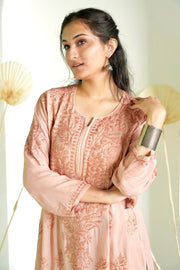 Palak Modal Dyed Premium Chikankari Kurti Set Light Brown Modal Cotton