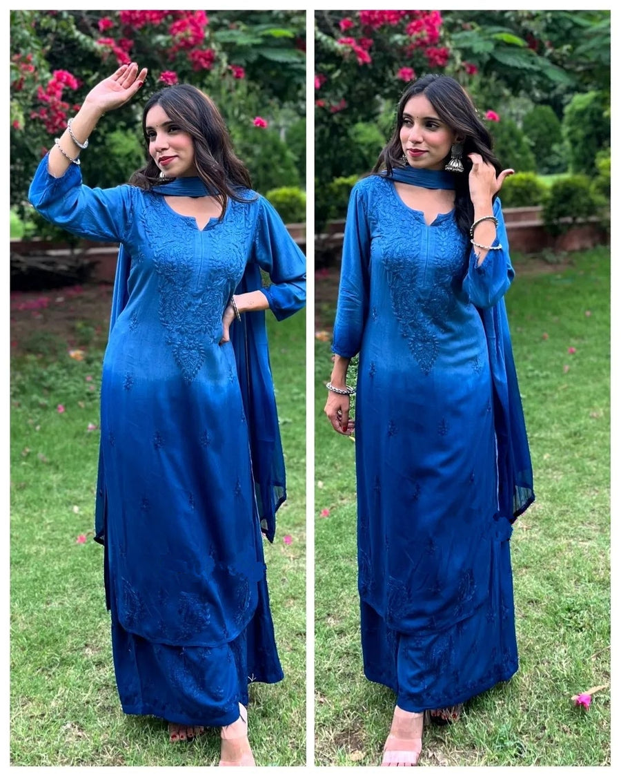 Bahar Ombre Dyed Chikankari Set Royal Blue