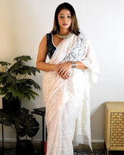 Nazm Half Jaal Chikankari Saree White 6.5 meter long with blouse