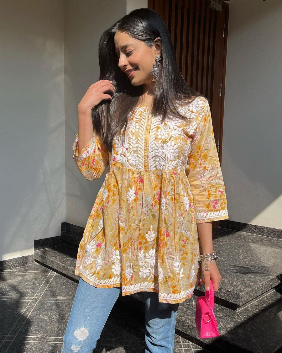 Adah Chikankari Mulmul Short Dress Yellow Mulmul Cotton