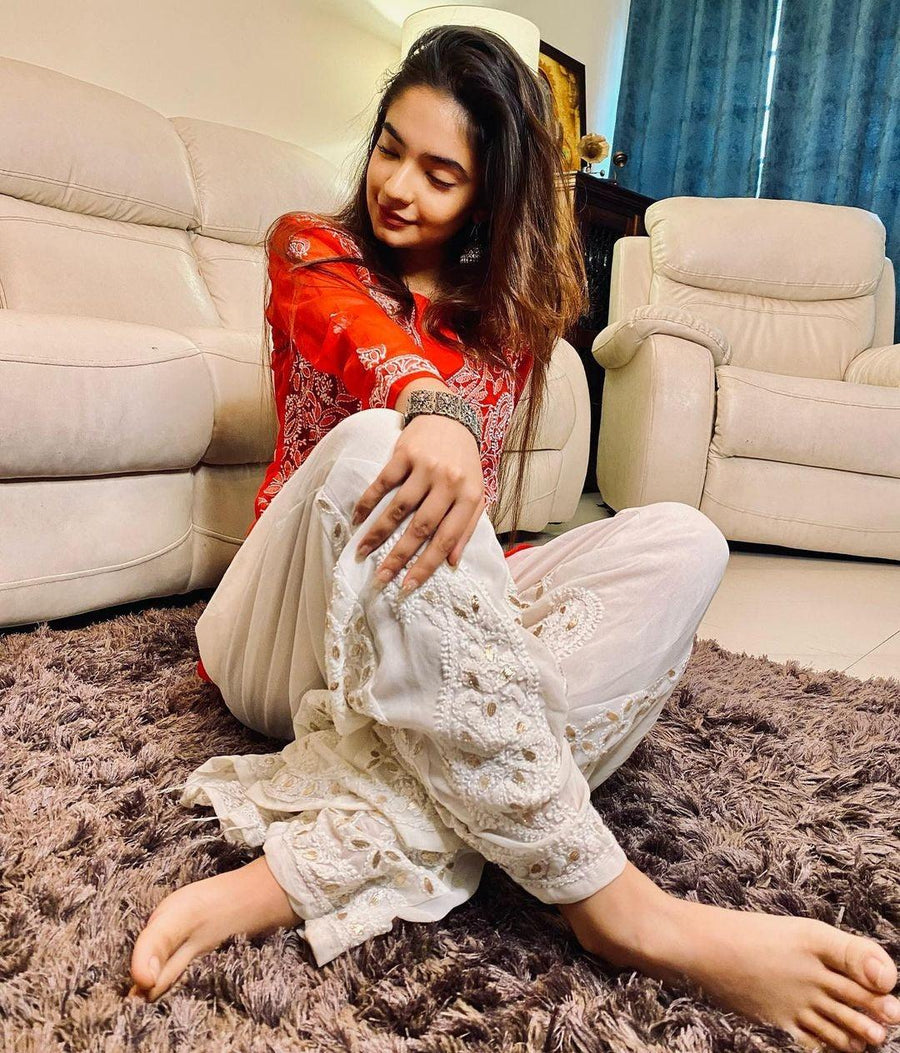 Anushka Styled Chikankari Short Top Red M Semi Georgette