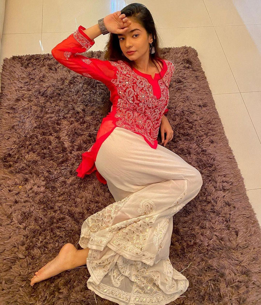 Anushka Styled Chikankari Short Top Red Semi Georgette