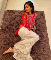 Anushka Styled Chikankari Short Top Red XS Semi Georgette