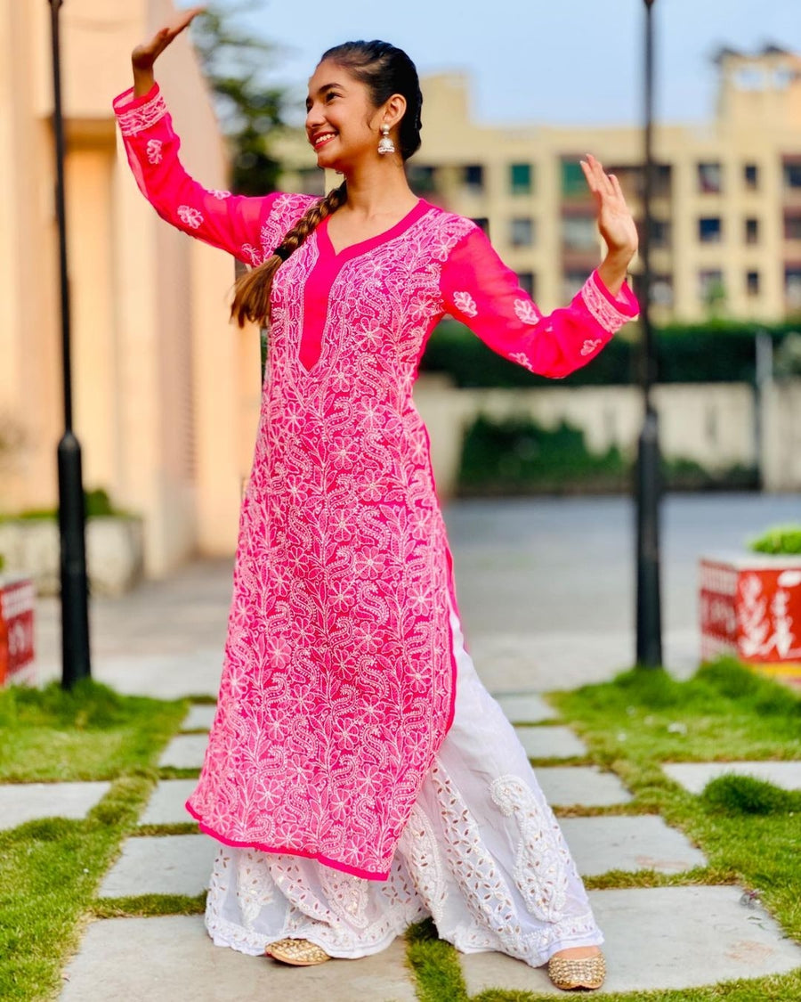 Zara Styled Georgette Chikankari Kurti With White Sharara Pink Semi Georgette