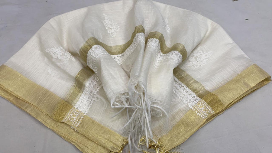 Handcrafted Chikankari Dupatta Semi Chanderi