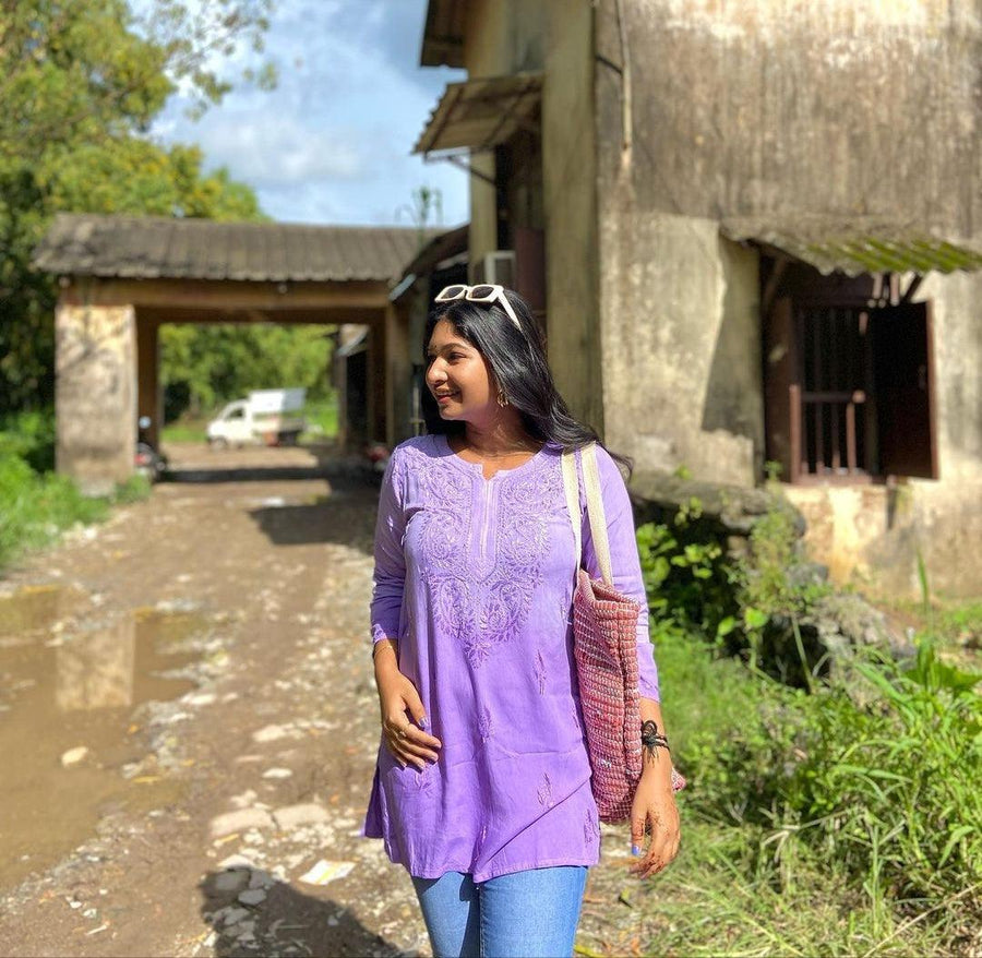 Vibha Ombre Chikankari Short Top Mauve Rayon Cotton