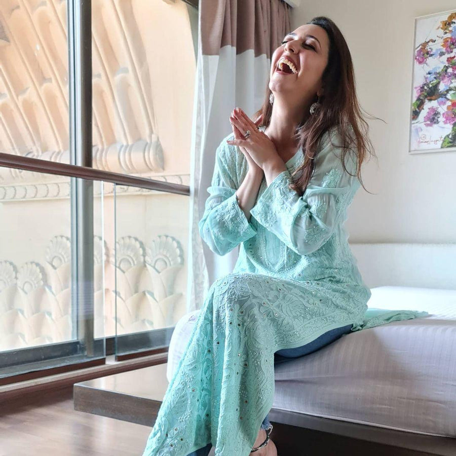 Mira Viscose Mukaish Long Chikankari Kurti-The Lucknowi Chikan