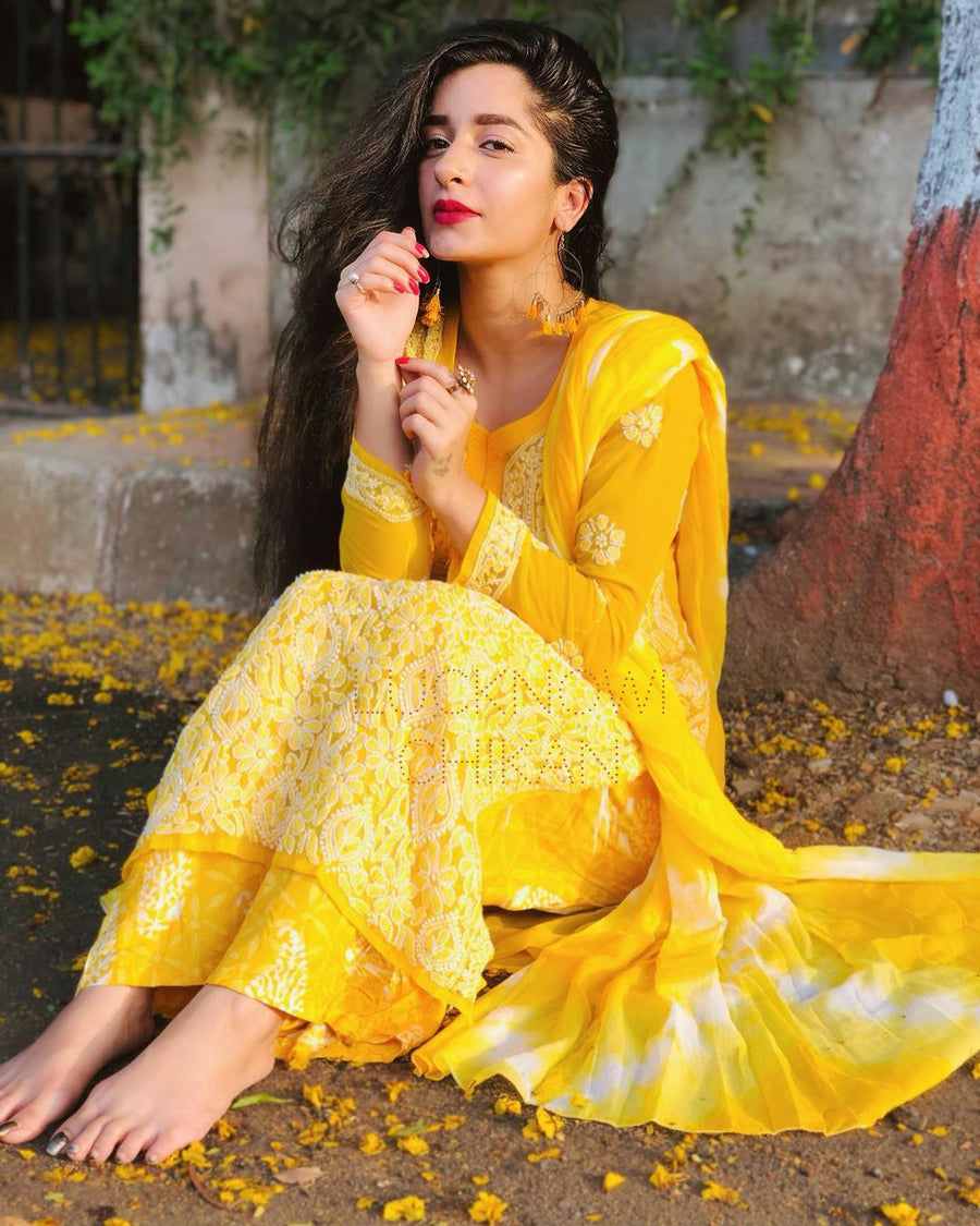 Zara Styled Georgette Chikankari Kurti With White Sharara Yellow Semi Georgette